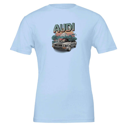 Oldschool T-shirt with pixel art Audi car design on light blue cotton fabric