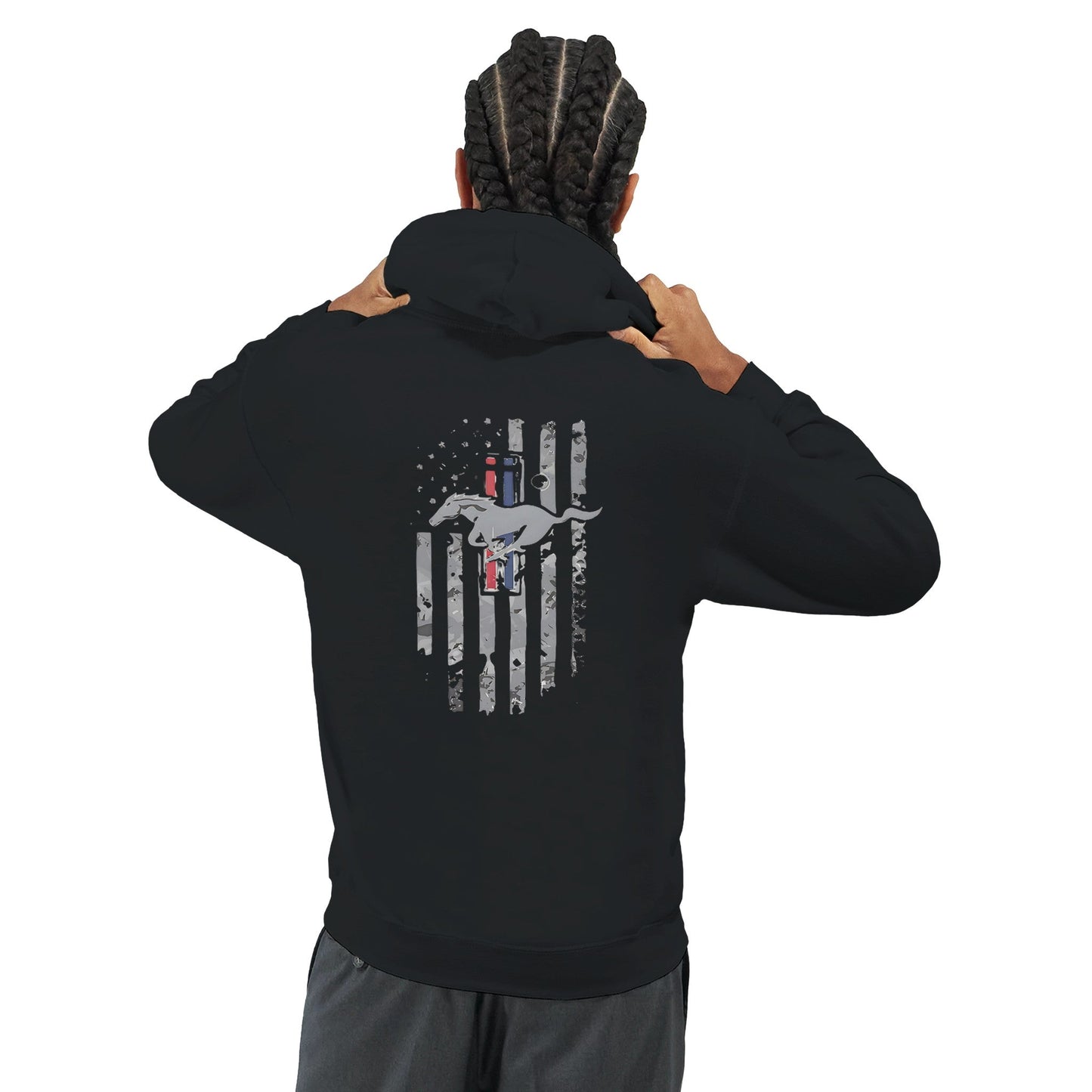 stylish unisex black hoodie with american flag and car emblem design on the back, perfect for car lovers.