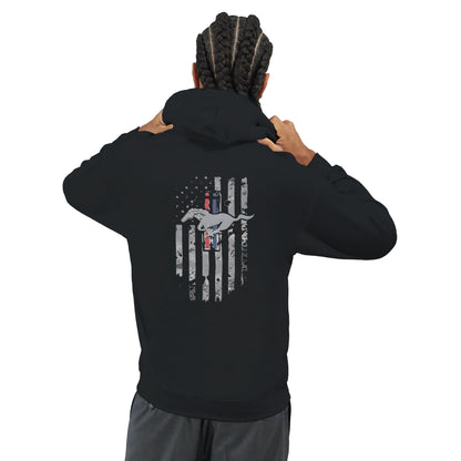 Stylish unisex black hoodie with American flag and car emblem design on the back, perfect for car lovers.