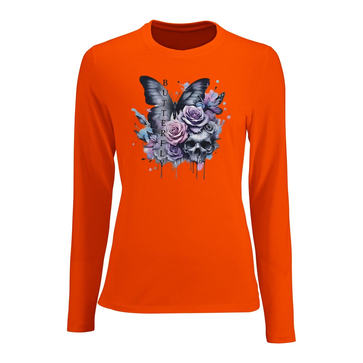 oranges damen langarmshirt mit engem schnitt und schmetterlings- und totenkopf-design