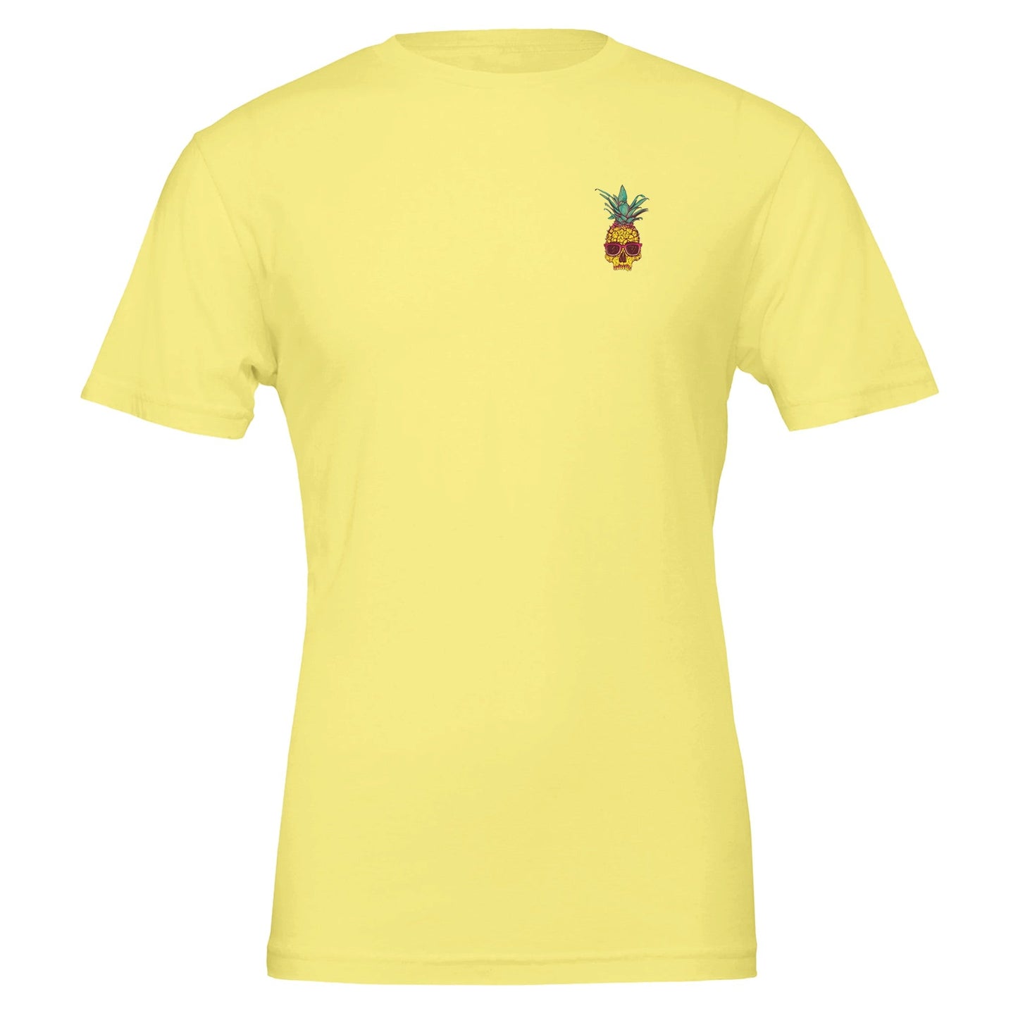 spritziges sommer t-shirt in gelb mit kleinem ananas-totenkopf-design, unisex, aus weicher und nachhaltiger baumwolle