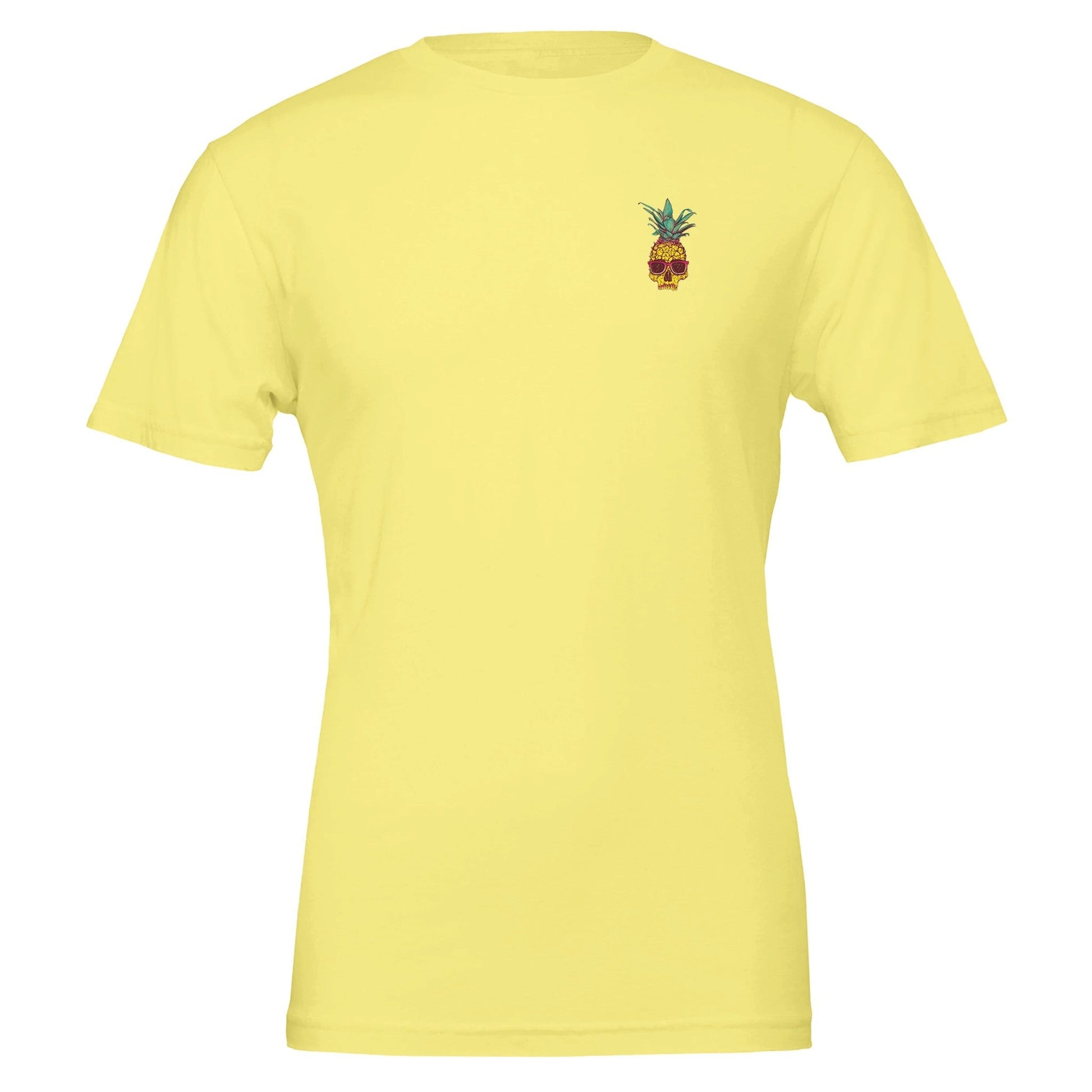 Gelbes unisex Spritziges Sommer T-Shirt mit kleinem Ananas Totenkopf Print vorne links