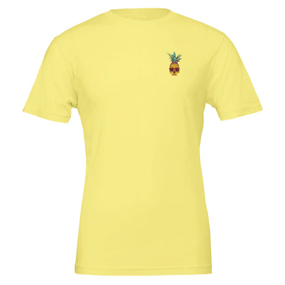 Spritziges Sommer T-Shirt in Gelb mit kleinem Ananas-Totenkopf-Design, unisex, aus weicher und nachhaltiger Baumwolle