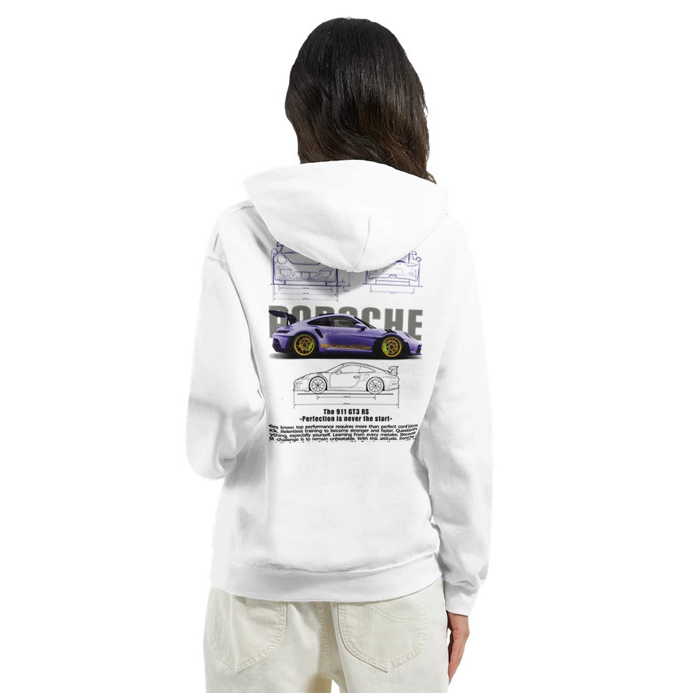 weißer berry porsche design hoodie mit kapuze und porsche 911 gt3 rs motiv auf dem rücken aus hochwertigem baumwoll-polyester-mischgewebe