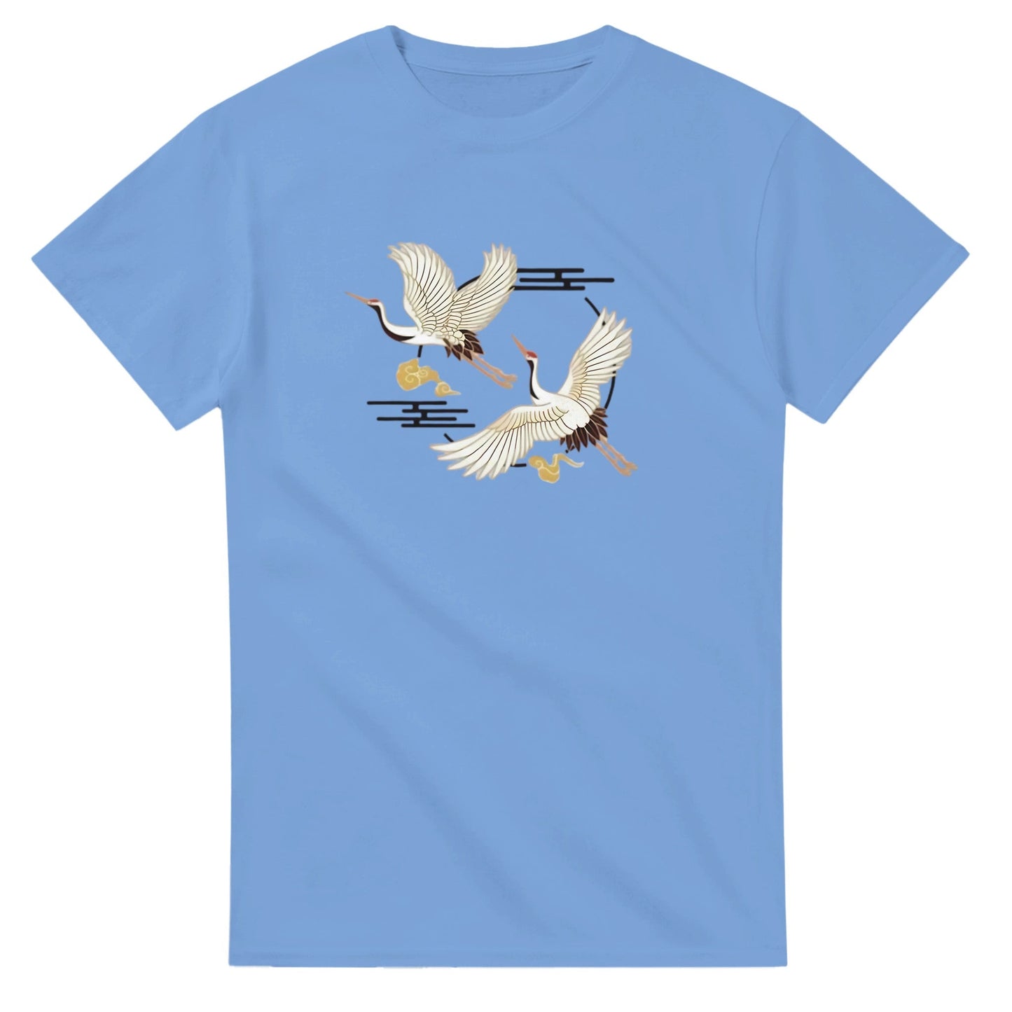 kranich unisex crewneck t-shirt aus hochwertiger baumwolle mit stilvollem kranich-design auf hellblauem stoff