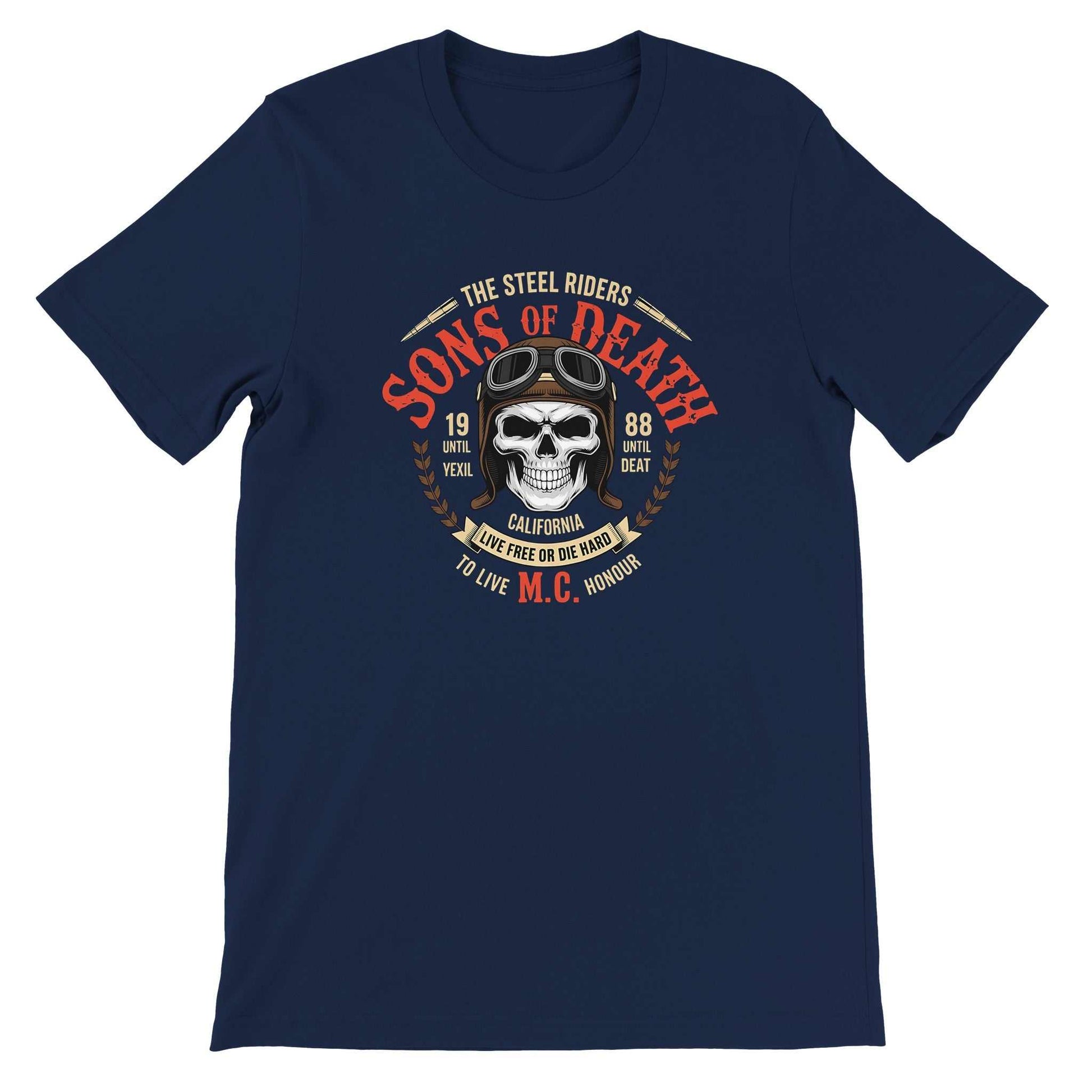 Navy Biker T-Shirt with Sons of Death skull design, 100% cotton unisex tee perfect for motorcycle enthusiasts and DTG printing.
