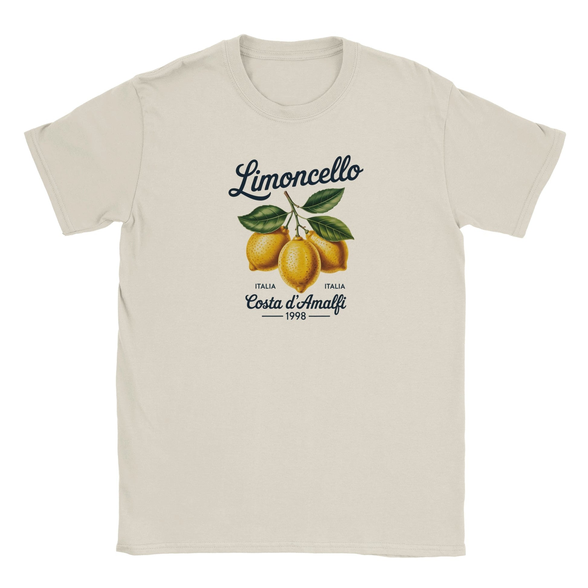 Beige Limoncello Italien T-Shirt with lemon graphic and soft seamless neckline, perfect for summer.