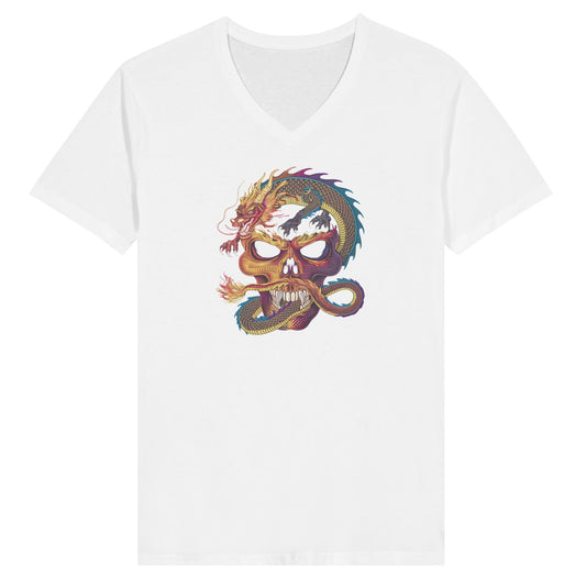 Weißes Streetwear T-Shirt mit V-Ausschnitt und stylischem Drachendesign, Slim Fit Unisex Jersey, hochwertige Baumwolle