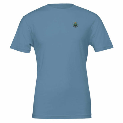 Tequila Sommer T-Shirt in blau mit kleinem Agaven-Logo, weicher Bio-Baumwolle, unisex Passform und nachhaltiger Produktion