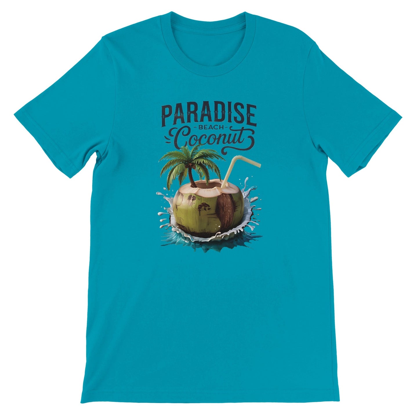 blaues sommer t-shirt mit kokosnuss-strand-print und aufschrift paradise coconut beach, leicht und atmungsaktiv.