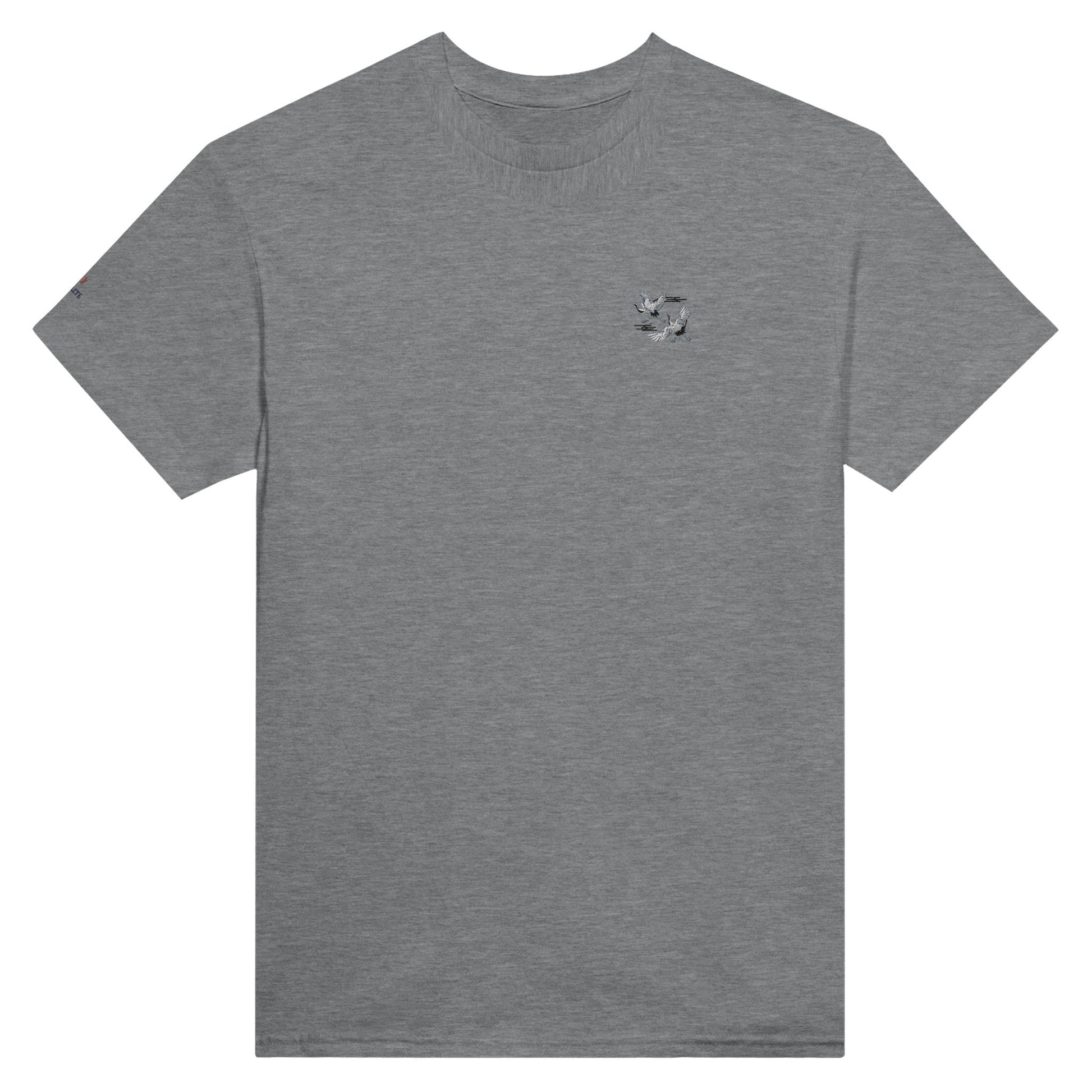 Premium Kranich Stickerei Unisex T-Shirt in grau aus schwerer Baumwolle mit klassischer Passform und langlebiger Stickerei