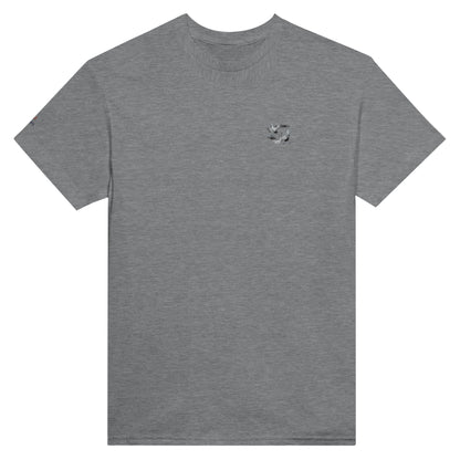 Graues unisex T-Shirt aus schwerer Baumwolle mit Premium Kranich Stickerei und klassischer Passform