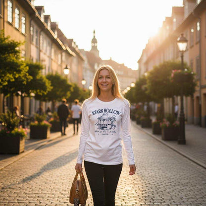 Frau trägt Gilmore Girls Langarm-T-Shirt aus weicher 100% Baumwolle mit Stars Hollow Druck bei Sonnenuntergang