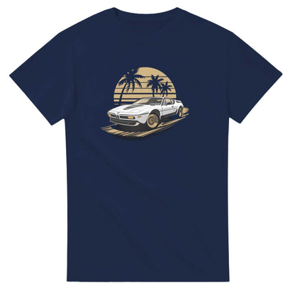 Premium unisex summer car t-shirt with vintage car and palm tree design on navy heavyweight cotton fabric
