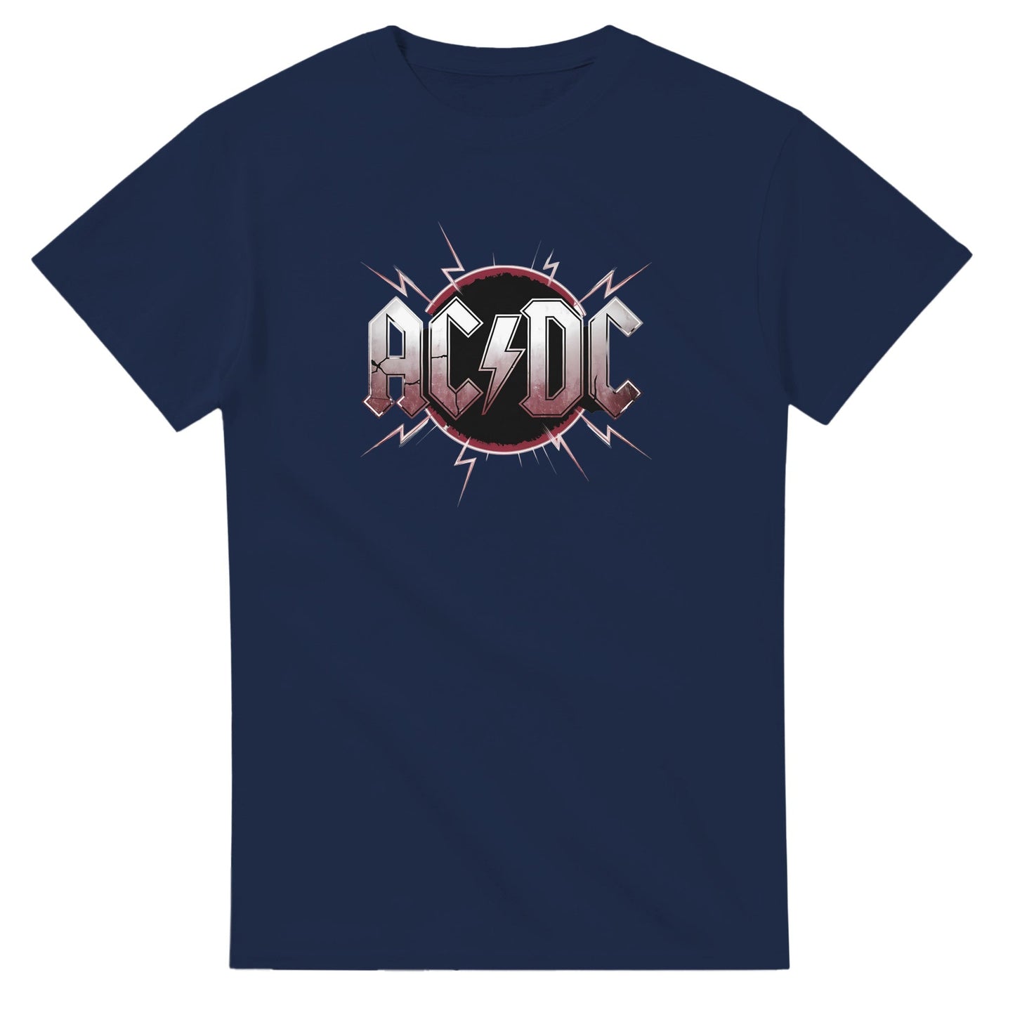 dunkelblaues ac dc t-shirt aus schwerer baumwolle mit klassischem schnitt und bandlogo auf der brust für hard rock fans