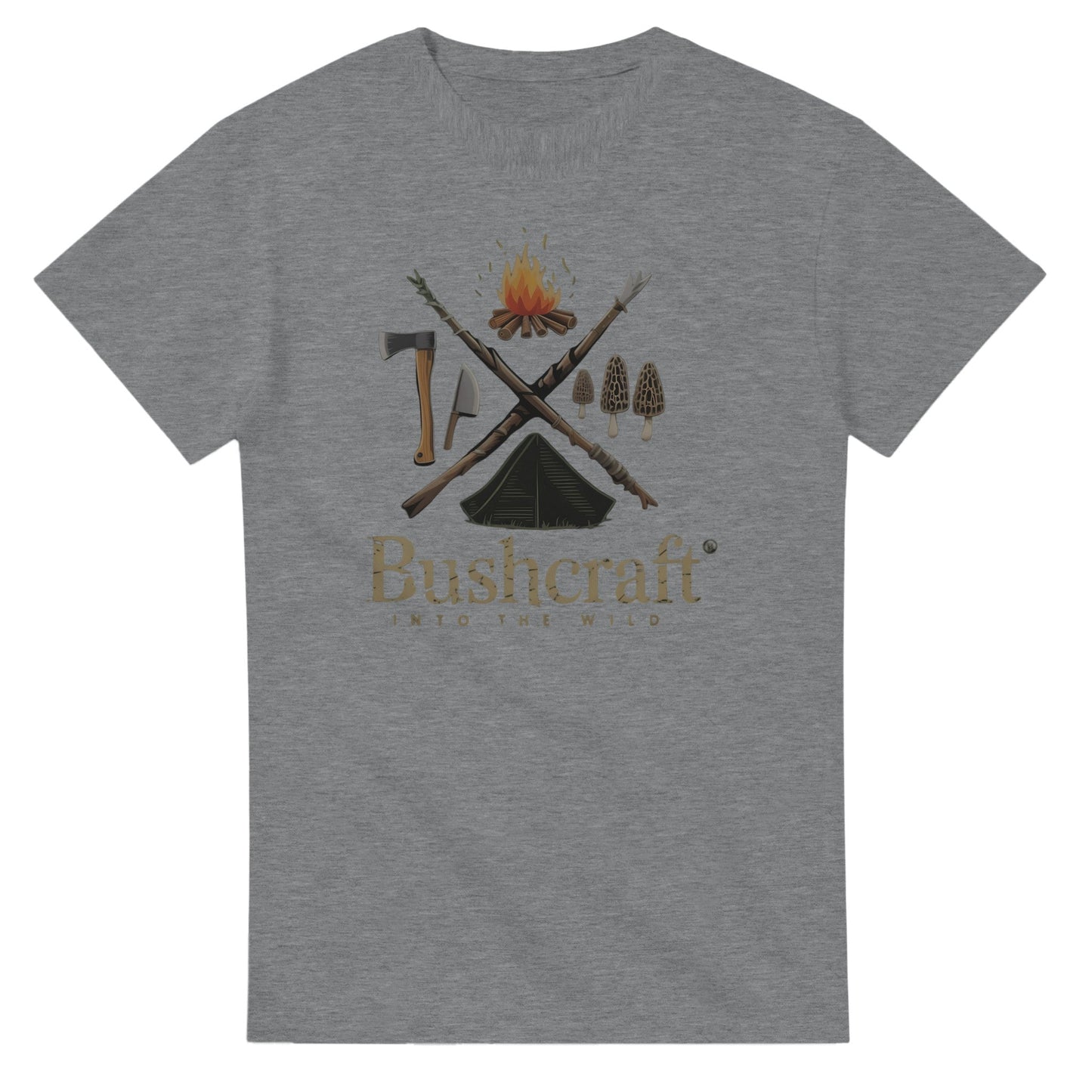 graues bushcraft t-shirt aus hochwertiger baumwolle mit outdoor-motiv und klassischer passform für naturliebhaber