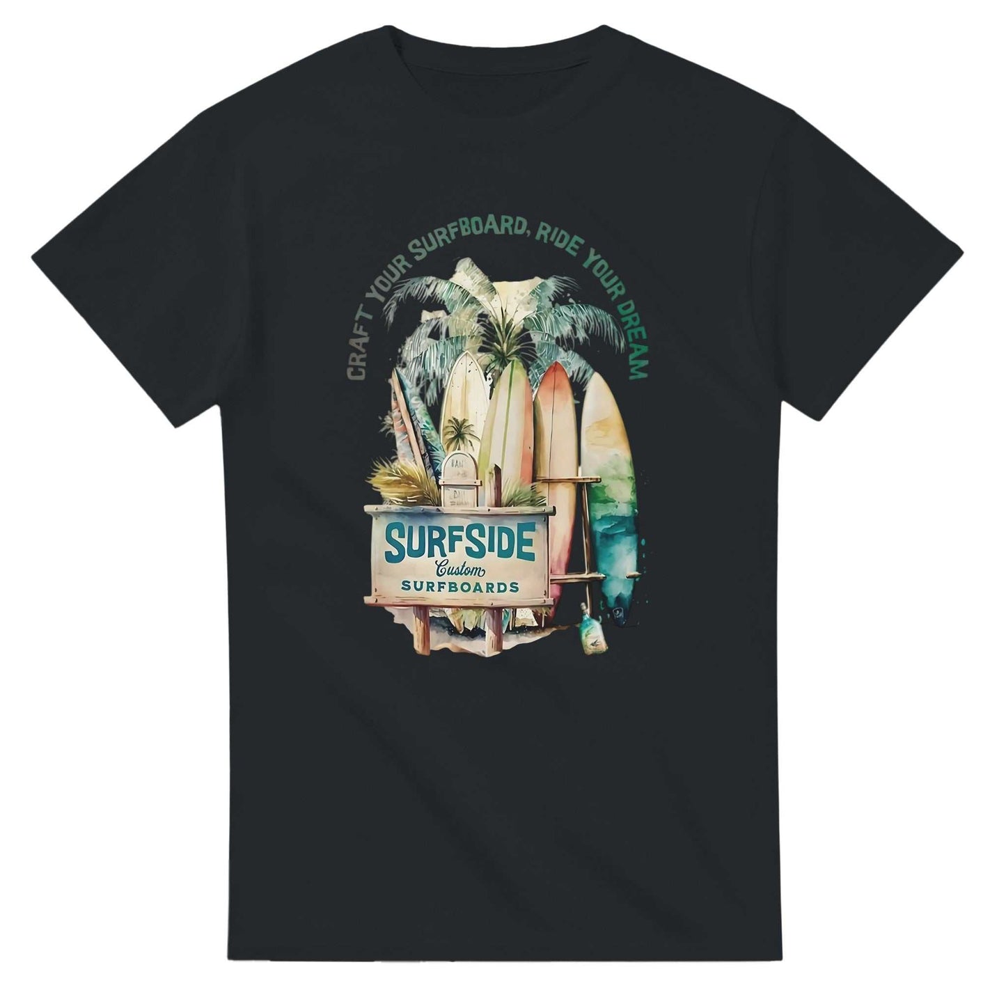 black sommer surfside t-shirt with vintage surfboard and palm tree graphic design