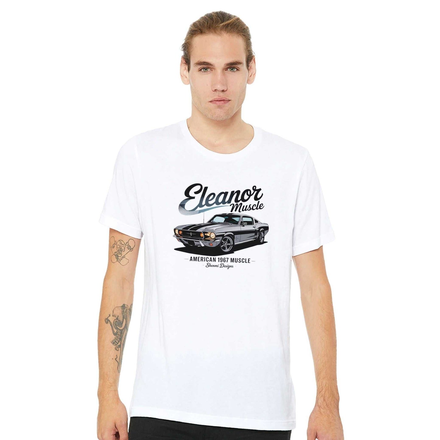 unisex eleanor mustang auto t-shirt aus weicher, strapazierfähiger baumwolle mit klassischem 1967 mustang design in weiß