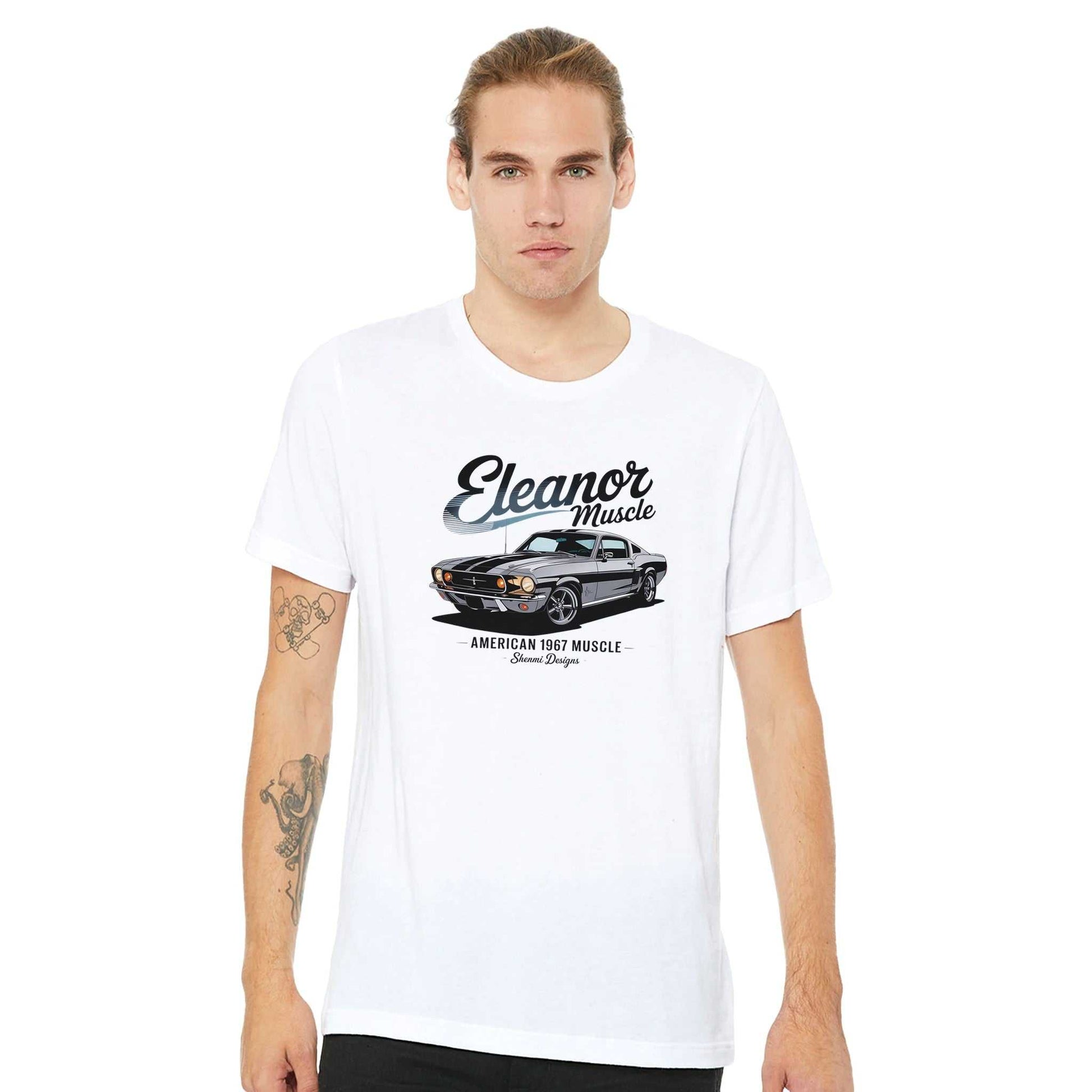 Unisex Eleanor Mustang Auto T-Shirt aus weicher, strapazierfähiger Baumwolle mit klassischem 1967 Mustang Design in Weiß