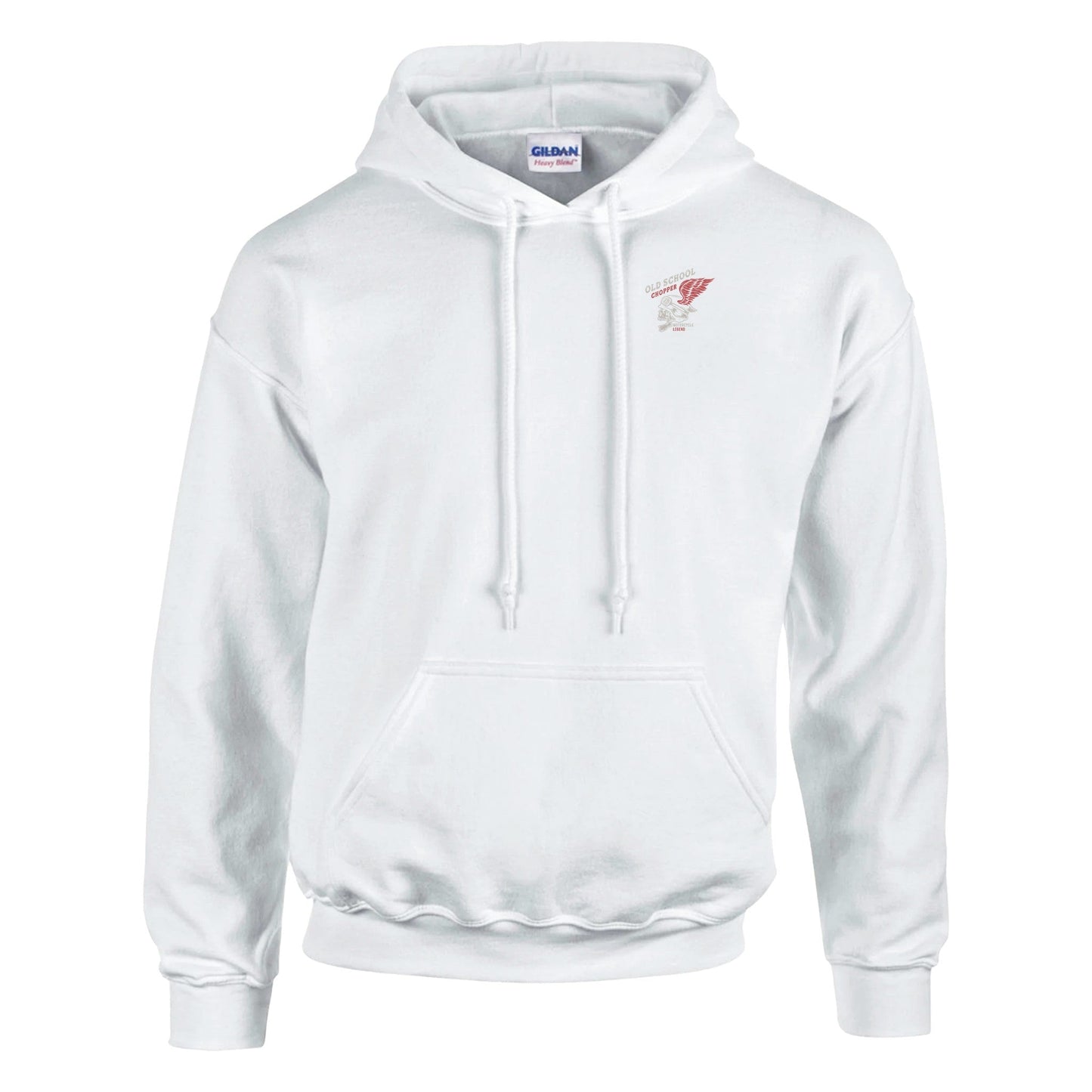 white men's rocker biker hoodie made of soft cotton-polyester blend with double-lined hood and front pocket.