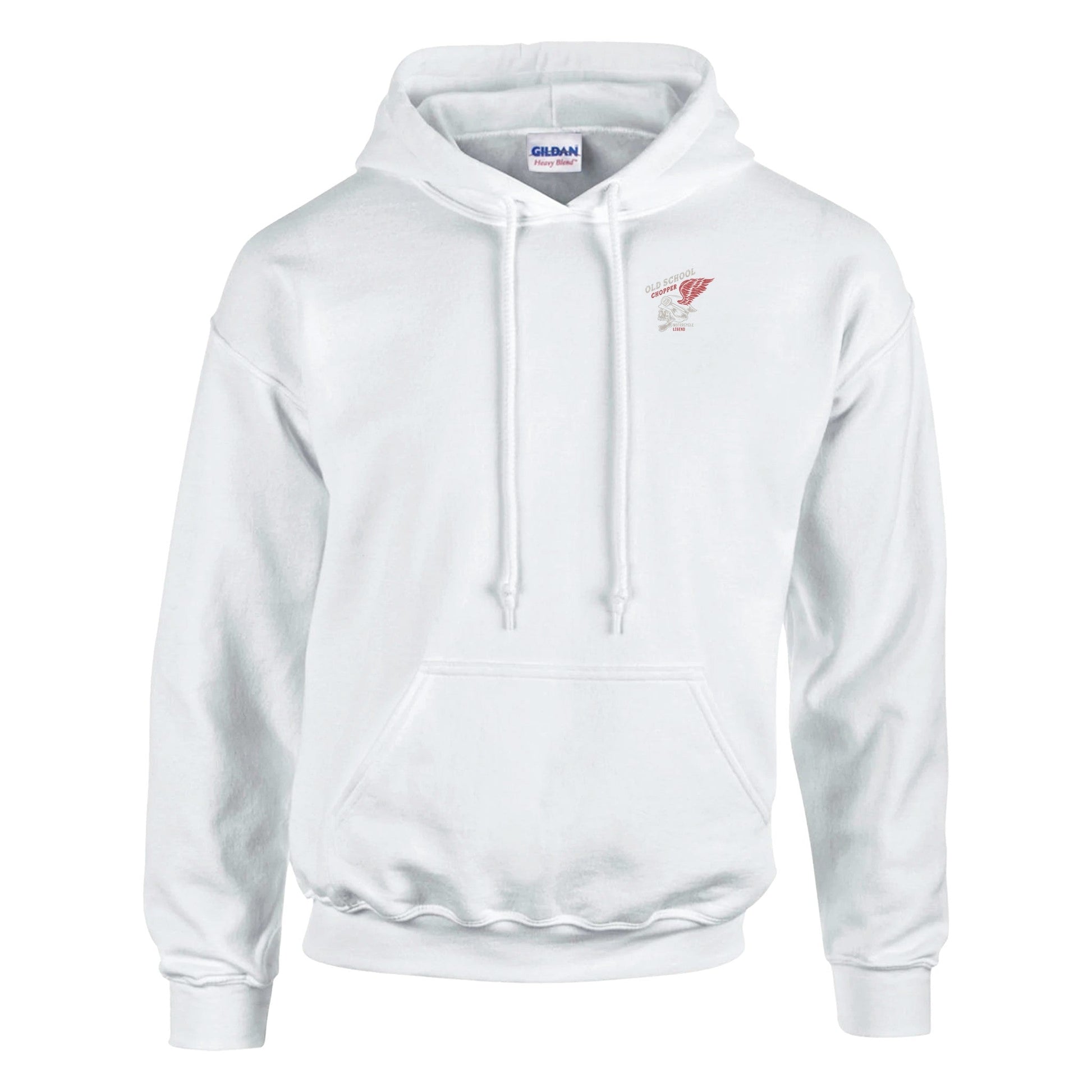 White men's Rocker Biker Hoodie made of soft cotton-polyester blend with double-lined hood and front pocket.