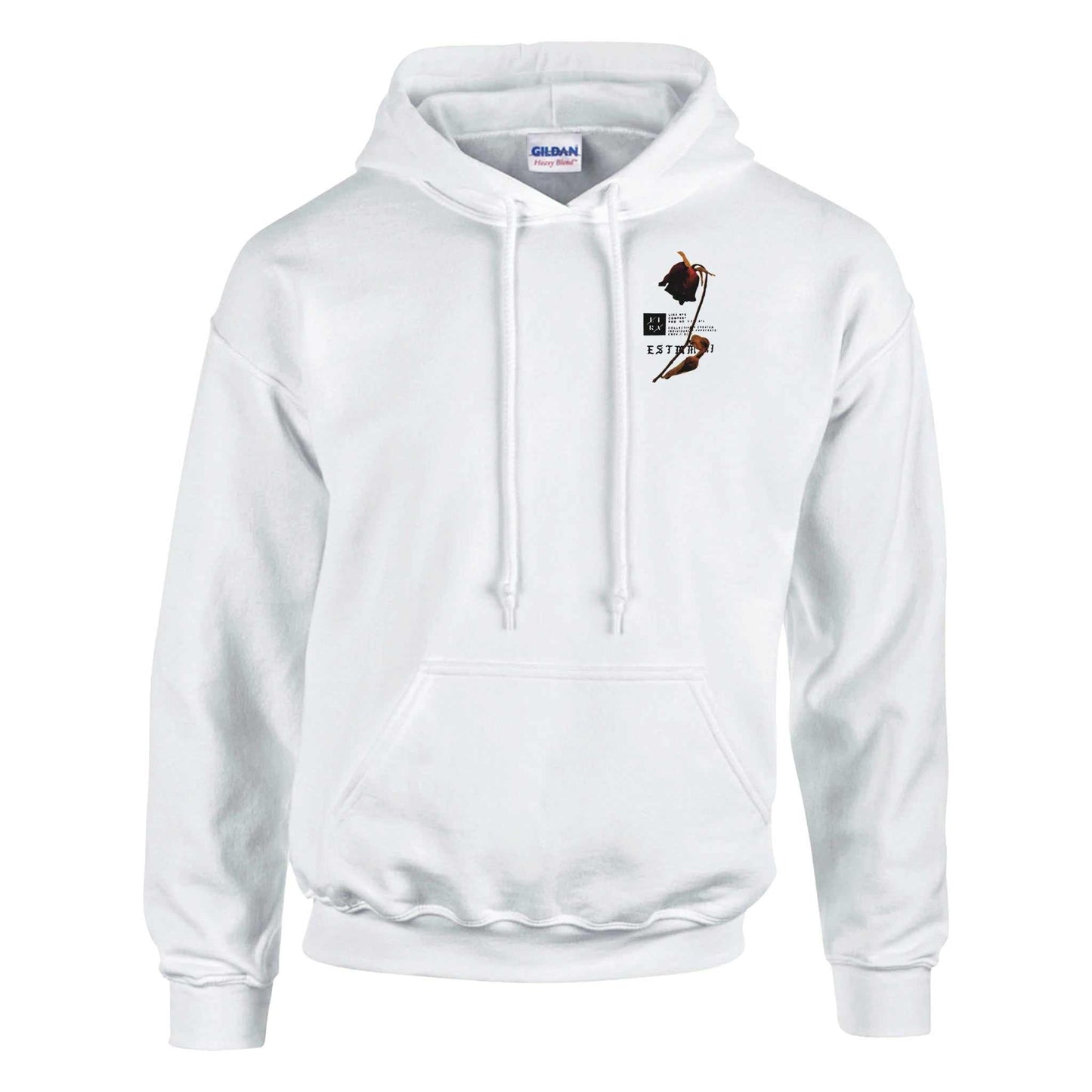white lira streetwear hoodie with small artistic graphic on chest, double-lined hood, front pouch pocket, and ribbed cuffs and waistband.