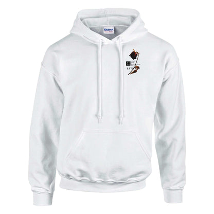 White Lira Streetwear Hoodie with small artistic graphic on chest, double-lined hood, front pouch pocket, and ribbed cuffs and waistband.