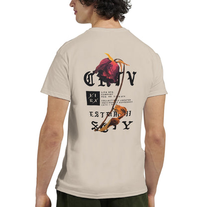 Unisex T-Shirt aus schwerer Baumwolle mit Lira Streetart Print auf der Rückseite, klassisch und langlebig, beige