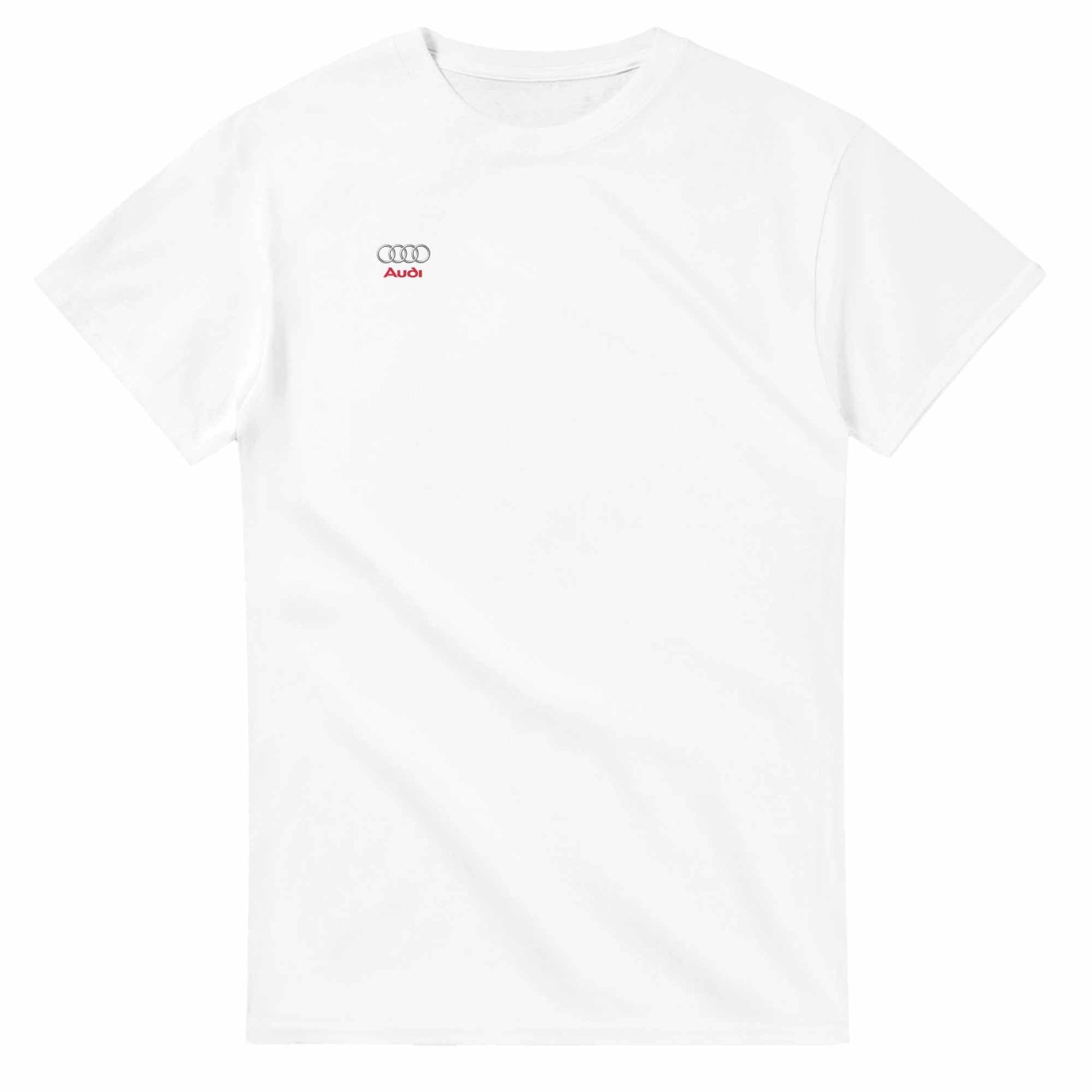 Weißes Audi Liebhaber T-Shirt aus 100% Baumwolle mit kleinem Audi-Logo, bequem und langlebig für Männer und Frauen.