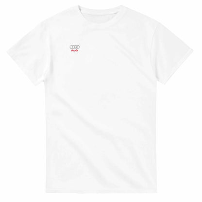 Weißes Audi Liebhaber T-Shirt aus 100% Baumwolle mit kleinem Audi-Logo, bequem und langlebig für Männer und Frauen.