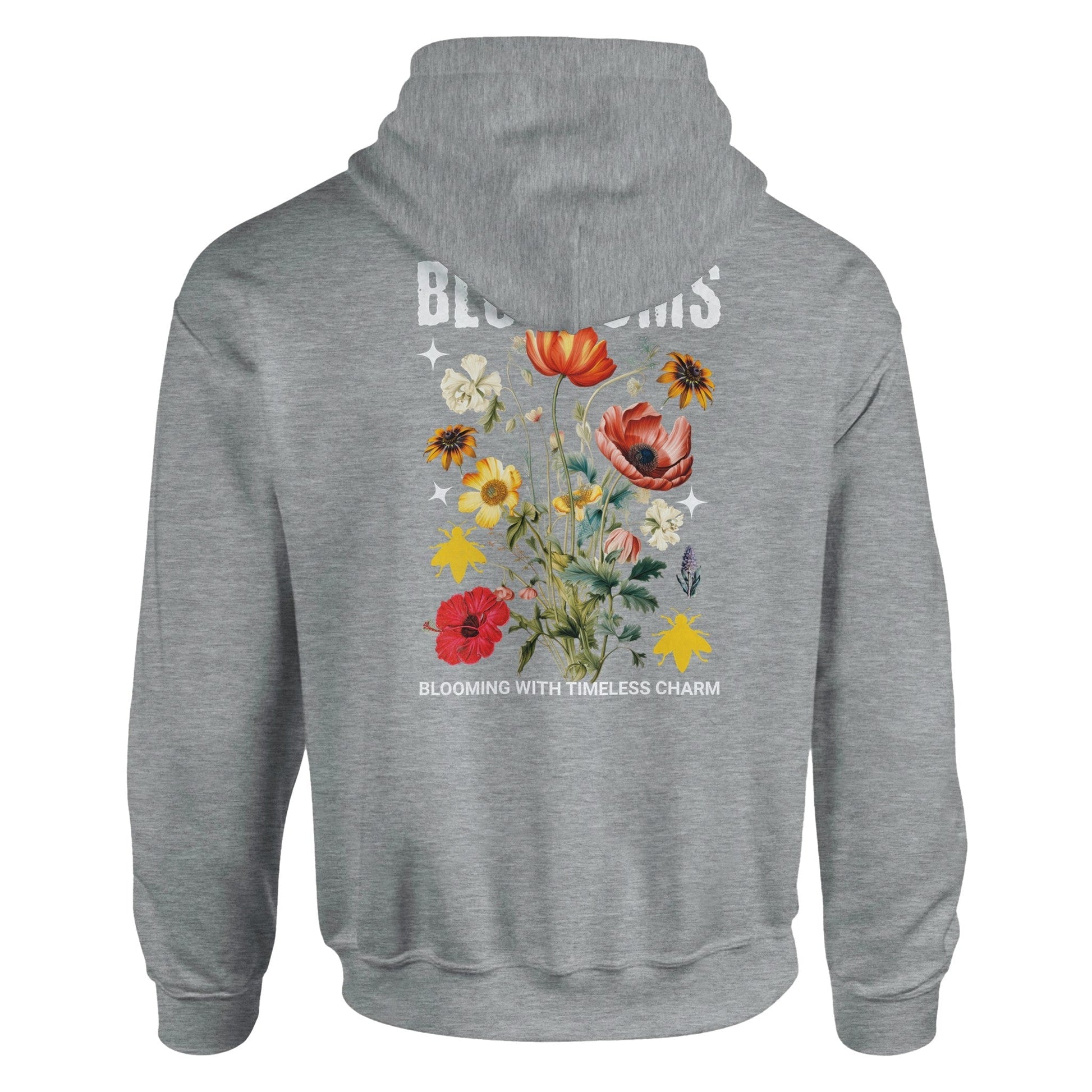 Gray Blossom Streatware unisex pullover hoodie with floral graphic and text on the back