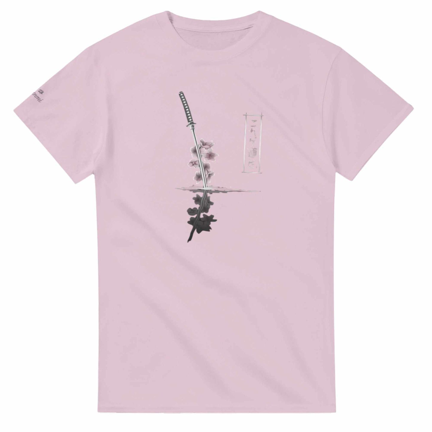 sakura samurai t-shirt in light pink with japanese katana and cherry blossom design, unisex cotton tee for casual wear
