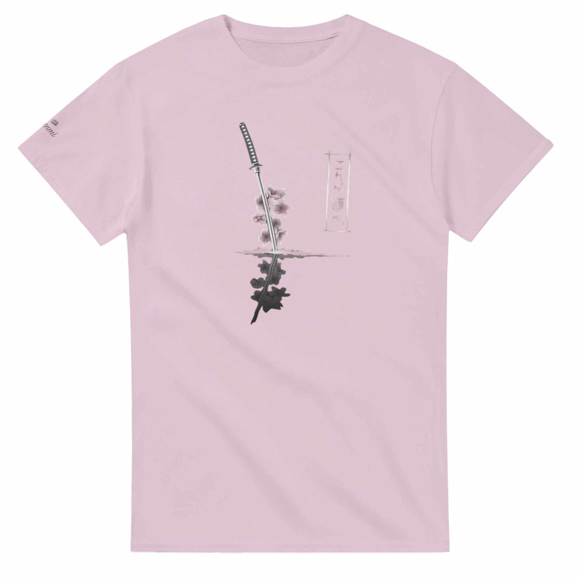 Sakura Samurai T-Shirt in light pink with Japanese katana and cherry blossom design, unisex cotton tee for casual wear