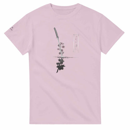 Sakura Samurai T-Shirt in light pink with Japanese katana and cherry blossom design, unisex cotton tee for casual wear