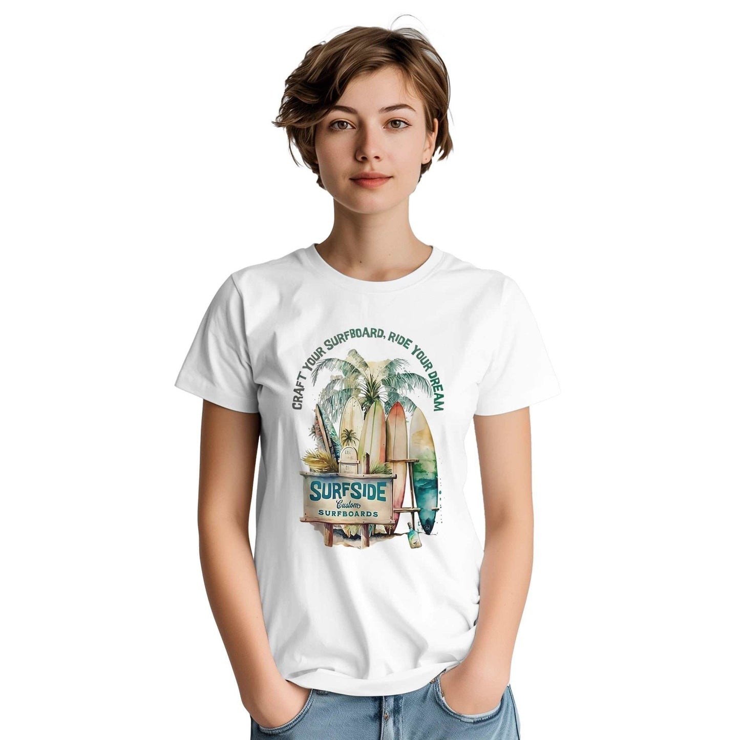 woman wearing white sommer surfside t-shirt with surfboard and palm tree design, heavyweight cotton, relaxed fit