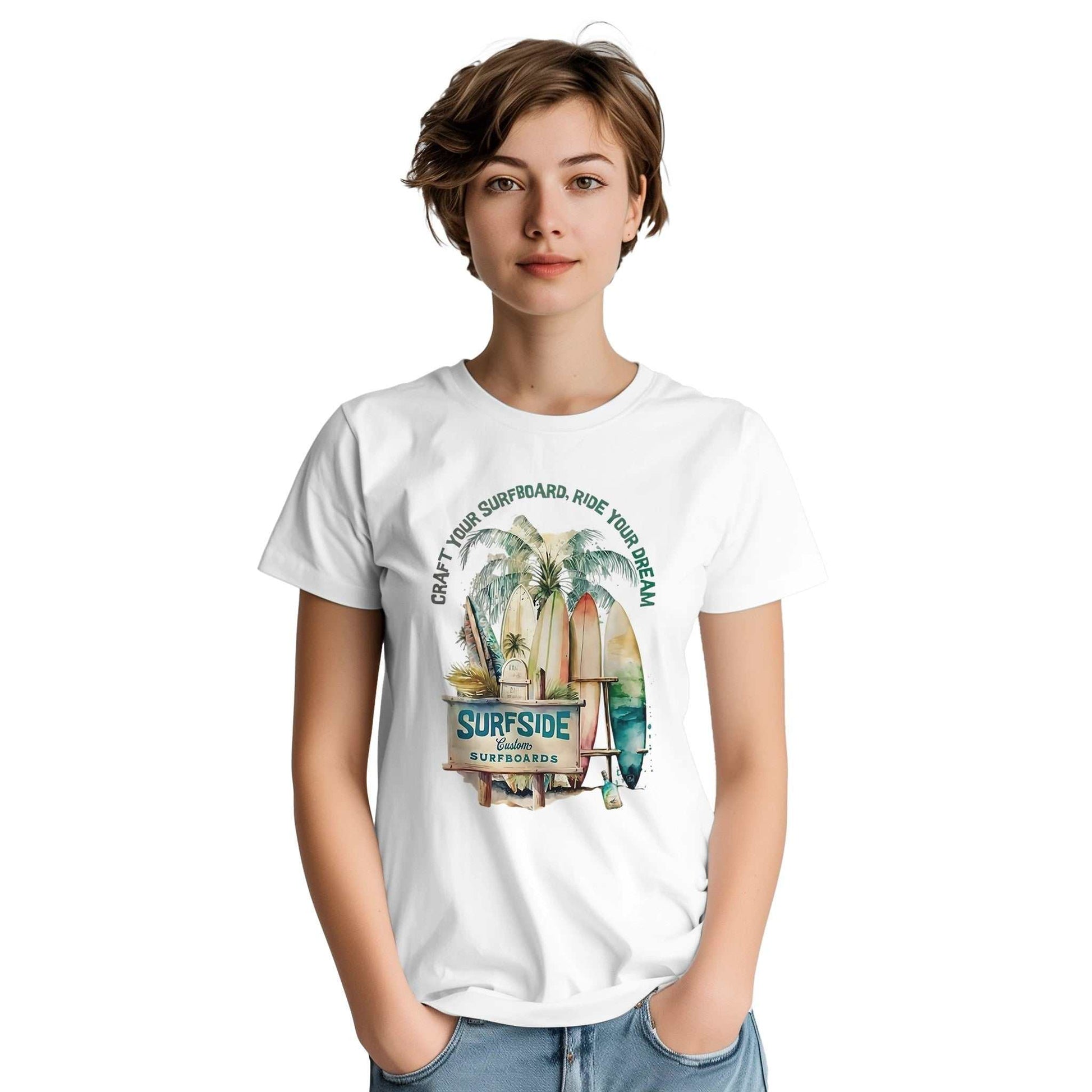 Woman wearing white Sommer Surfside T-Shirt with surfboard and palm tree design, heavyweight cotton, relaxed fit
