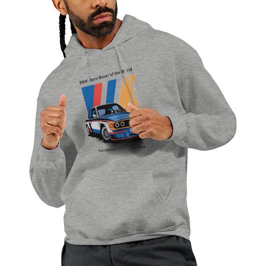 Unisex gray hoodie with vintage car graphic and "Born to Race" text, soft cotton-polyester blend, front pocket, and adjustable hood.