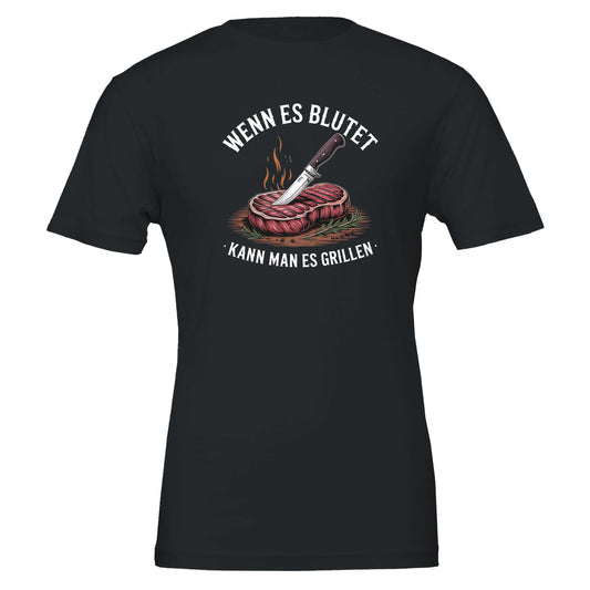 Schwarzes Grill T-Shirt mit Steak- und Messer-Print, unisex, aus weicher nachhaltiger Baumwolle, ideal für Gartenpartys.