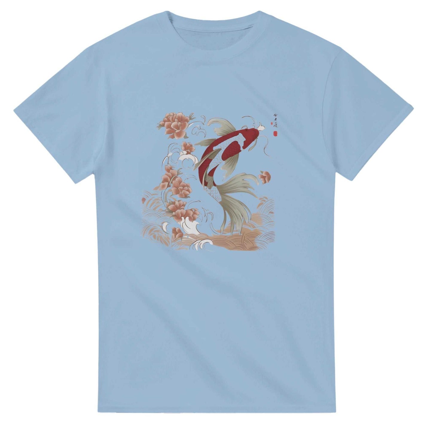 koi asian style unisex crewneck t-shirt with koi fish graphic on light blue heavyweight cotton fabric