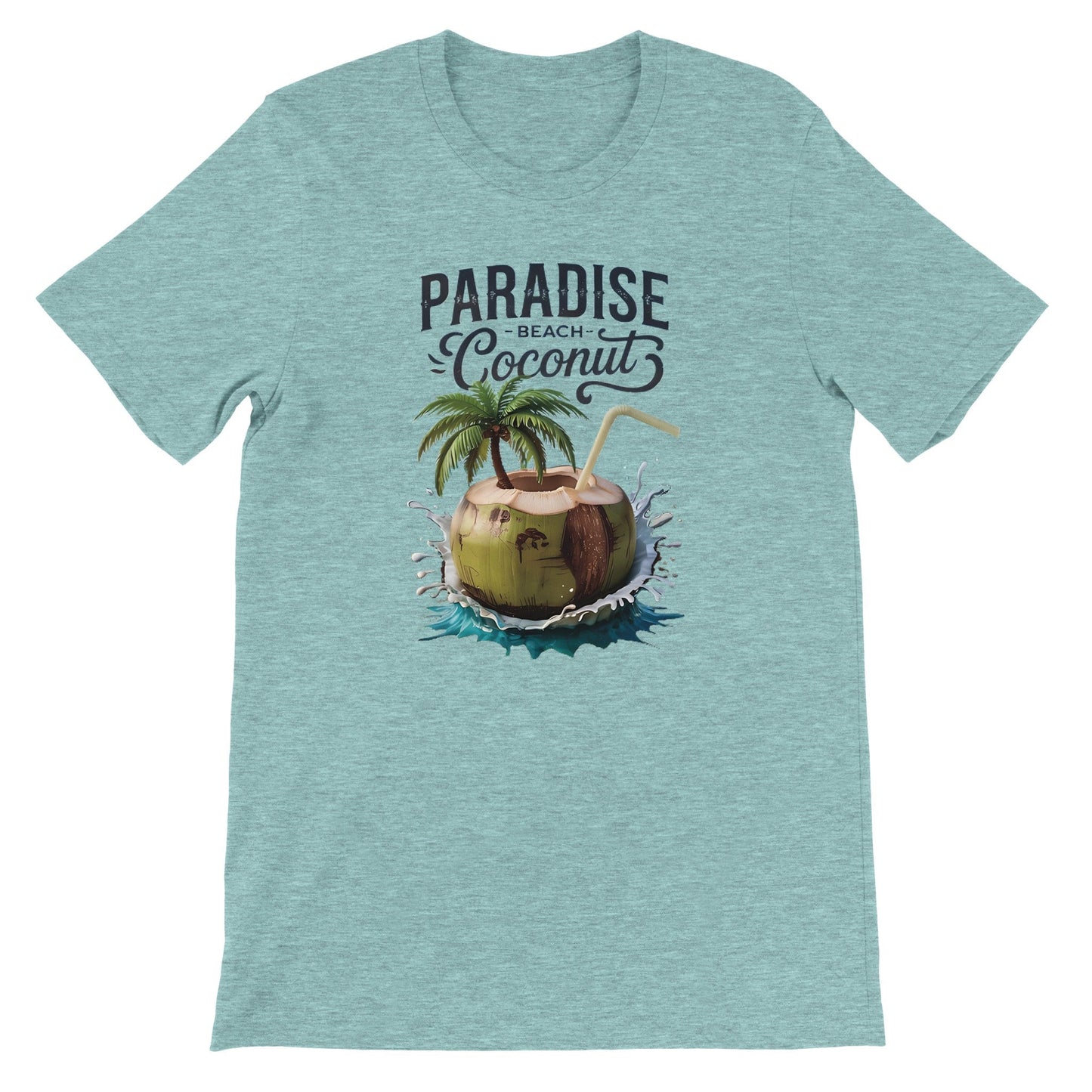 sommer t-shirt in hellblau mit kokosnuss-strandmotiv und "paradise beach coconut" schriftzug, leichter und bequemer stoff, ideal für strand und sommer.