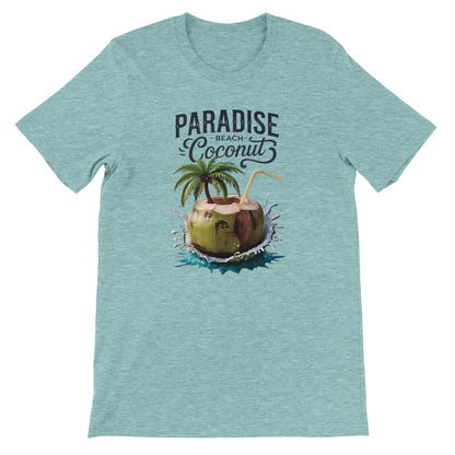 Sommer T-shirt in Hellblau mit Kokosnuss-Strandmotiv und "Paradise Beach Coconut" Schriftzug, leichter und bequemer Stoff, ideal für Strand und Sommer.