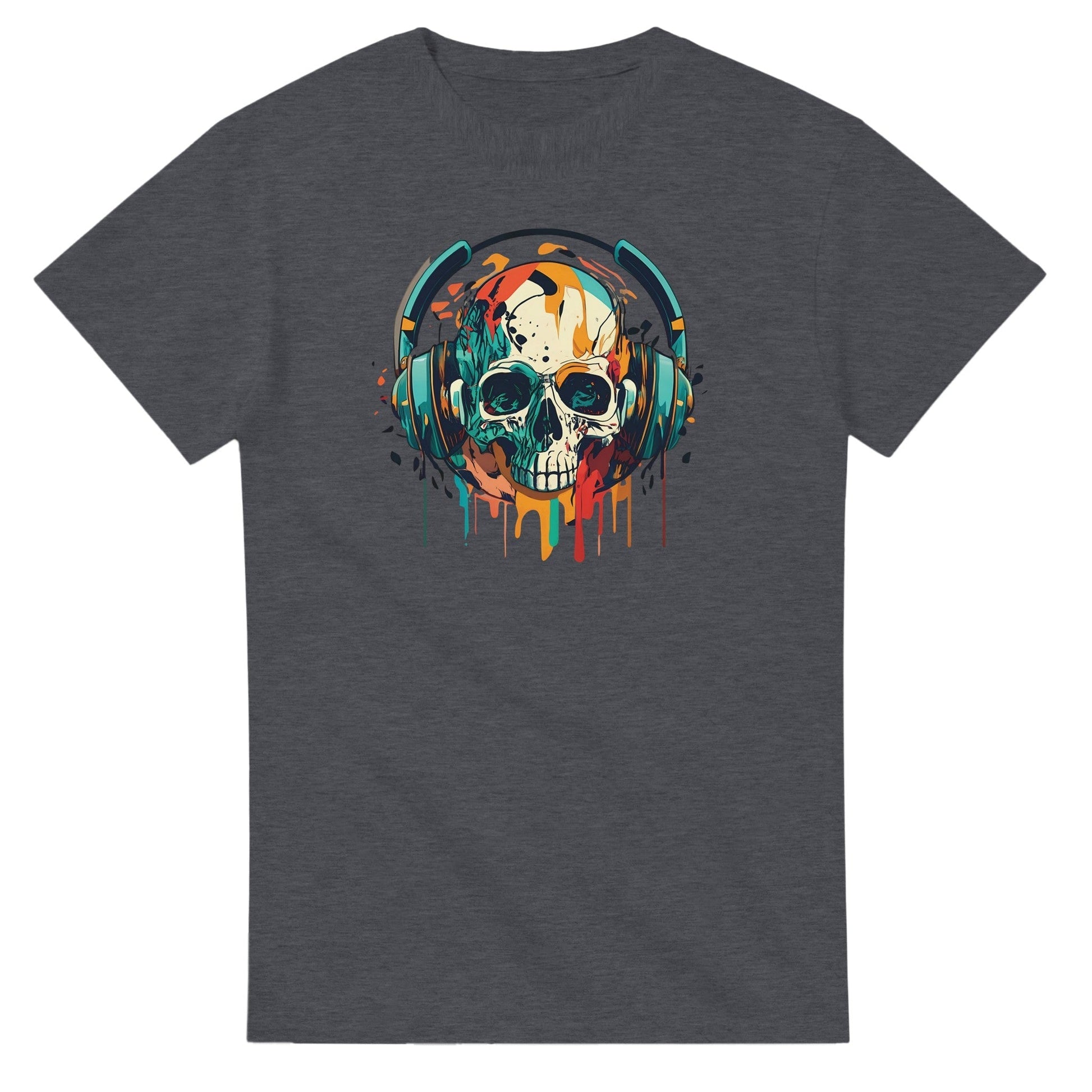 Dunkelgraues Party Sommer Musik T-Shirt mit farbigem Totenkopf und Kopfhörern Design aus 100% Baumwolle