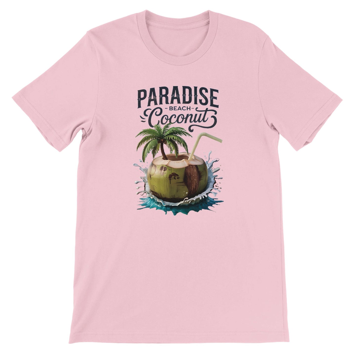 sommer t-shirt mit kokosnuss-strand-print auf rosa baumwollstoff, leicht und atmungsaktiv, ideal für strand und sommeraktivitäten.