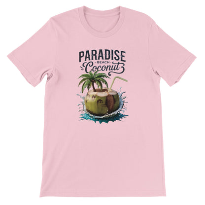 Sommer T-shirt mit Kokosnuss-Strand-Print auf rosa Baumwollstoff, leicht und atmungsaktiv, ideal für Strand und Sommeraktivitäten.