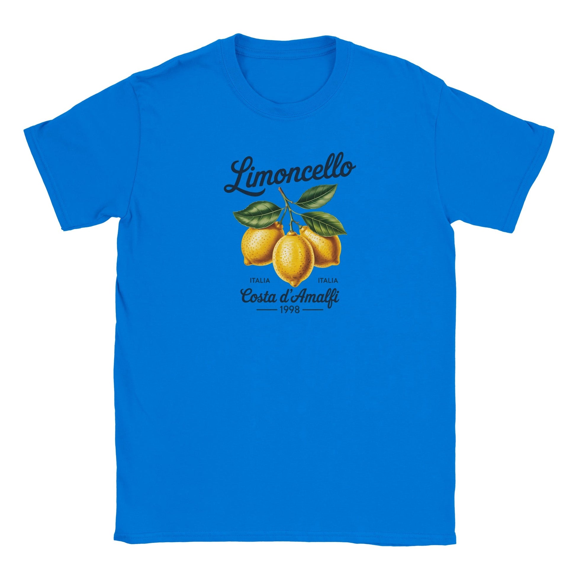 Blaues Limoncello Italien T-Shirt mit Zitronenmotiv und Costa d'Amalfi Schriftzug, weiches sommerliches Design