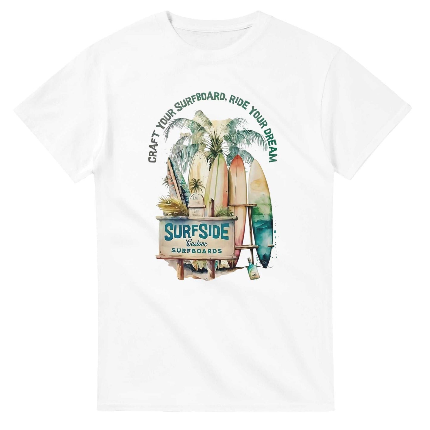 white sommer surfside t-shirt with colorful surfboard and palm tree summer design on front
