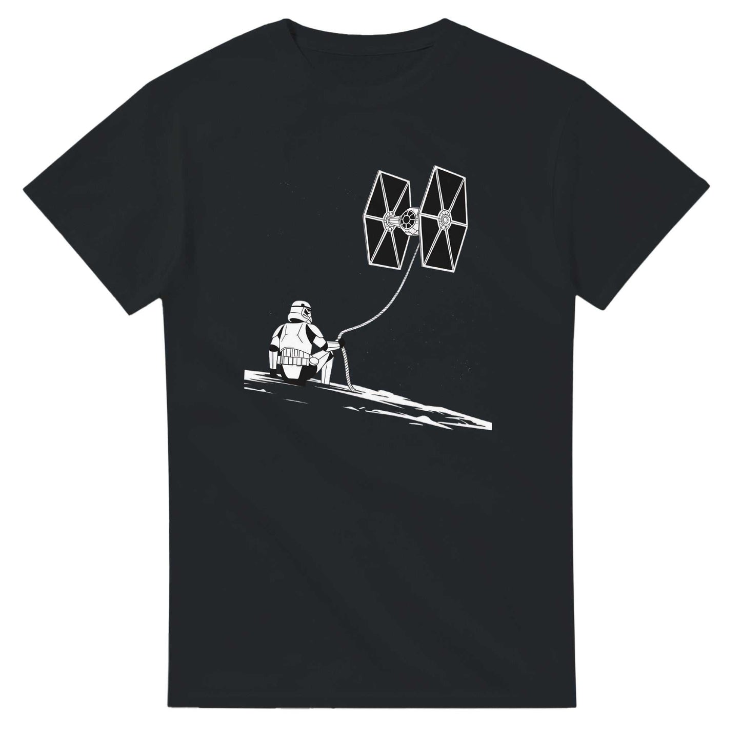 star wars fan t-shirt black heavy cotton classic fit with stormtrooper flying tie fighter kite design