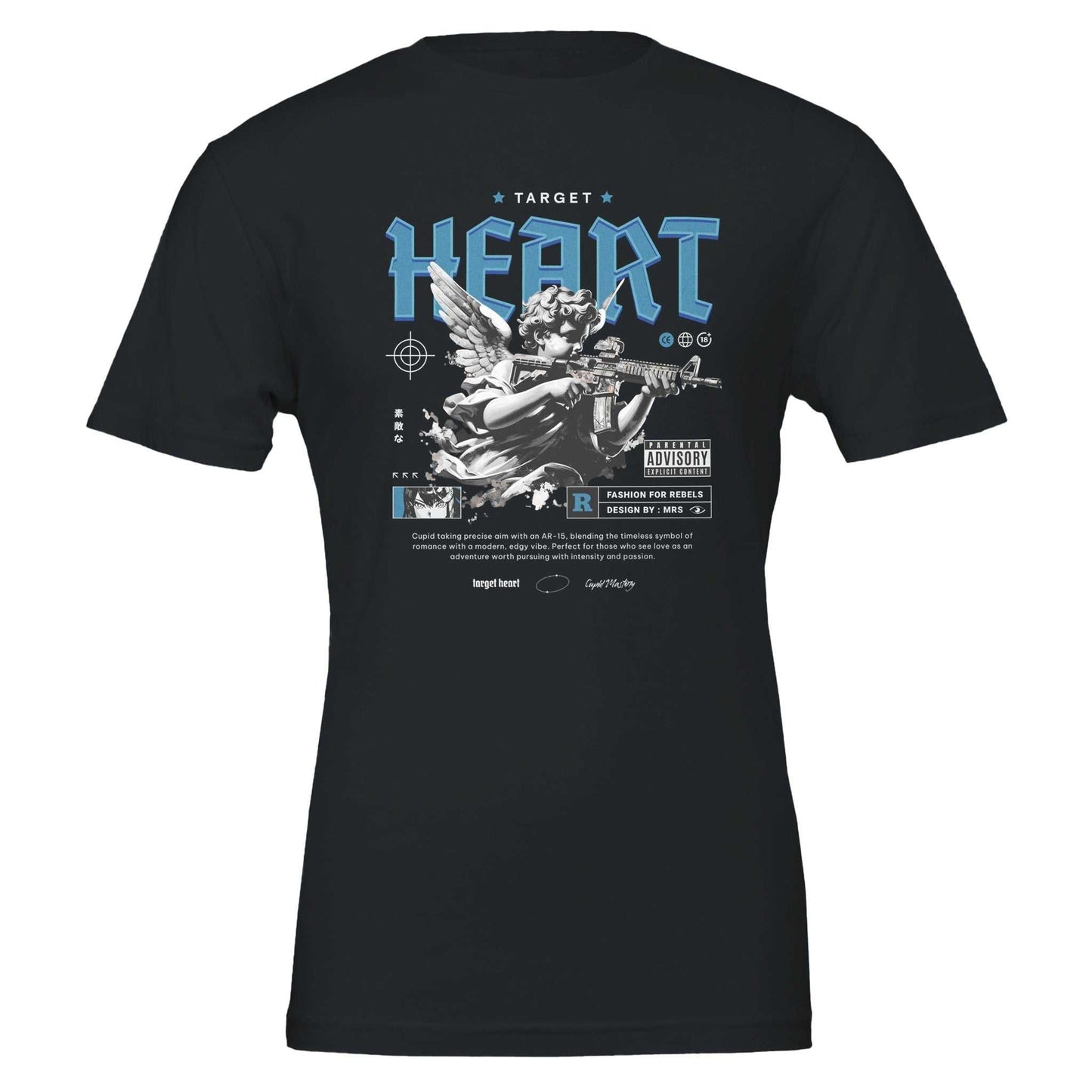 heart unisex crewneck t-shirt in black featuring a graphic design of an angel with a rifle, made from 100% airlume cotton, ideal for dtg printing and unisex fit.