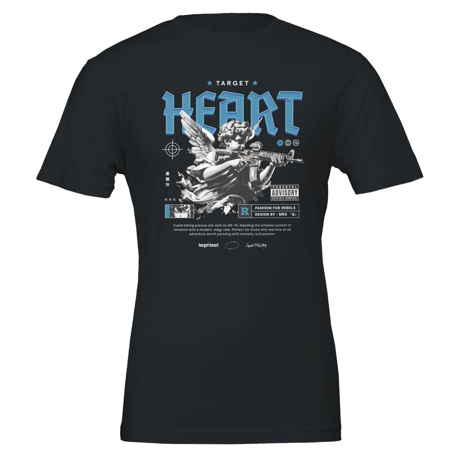 Heart Unisex Crewneck T-shirt in black featuring a graphic design of an angel with a rifle, made from 100% Airlume cotton, ideal for DTG printing and unisex fit.