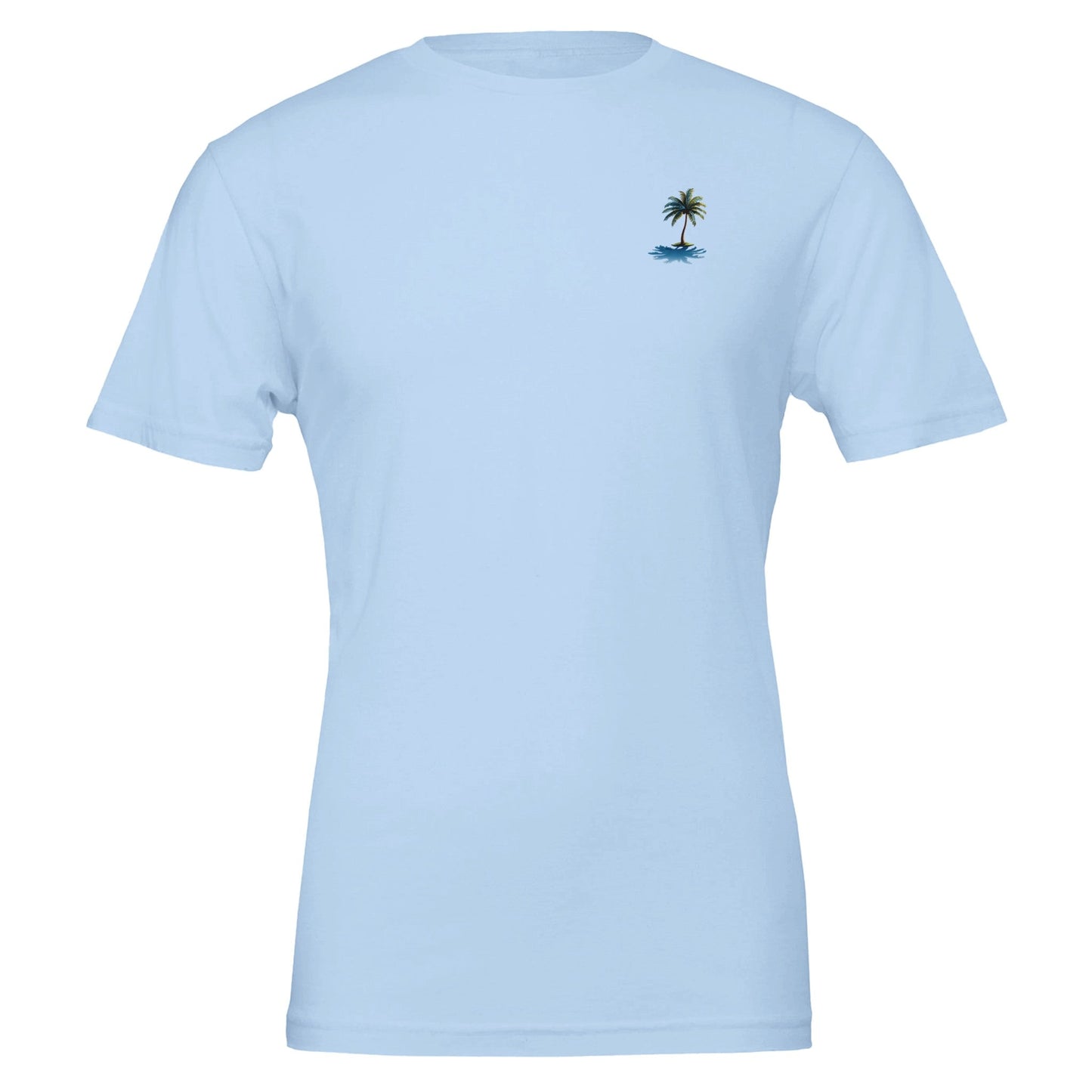 leichtes hellblaues sommer t-shirt aus weicher baumwolle mit kleinem palmenmotiv, unisex und ideal für strand und beachpartys.